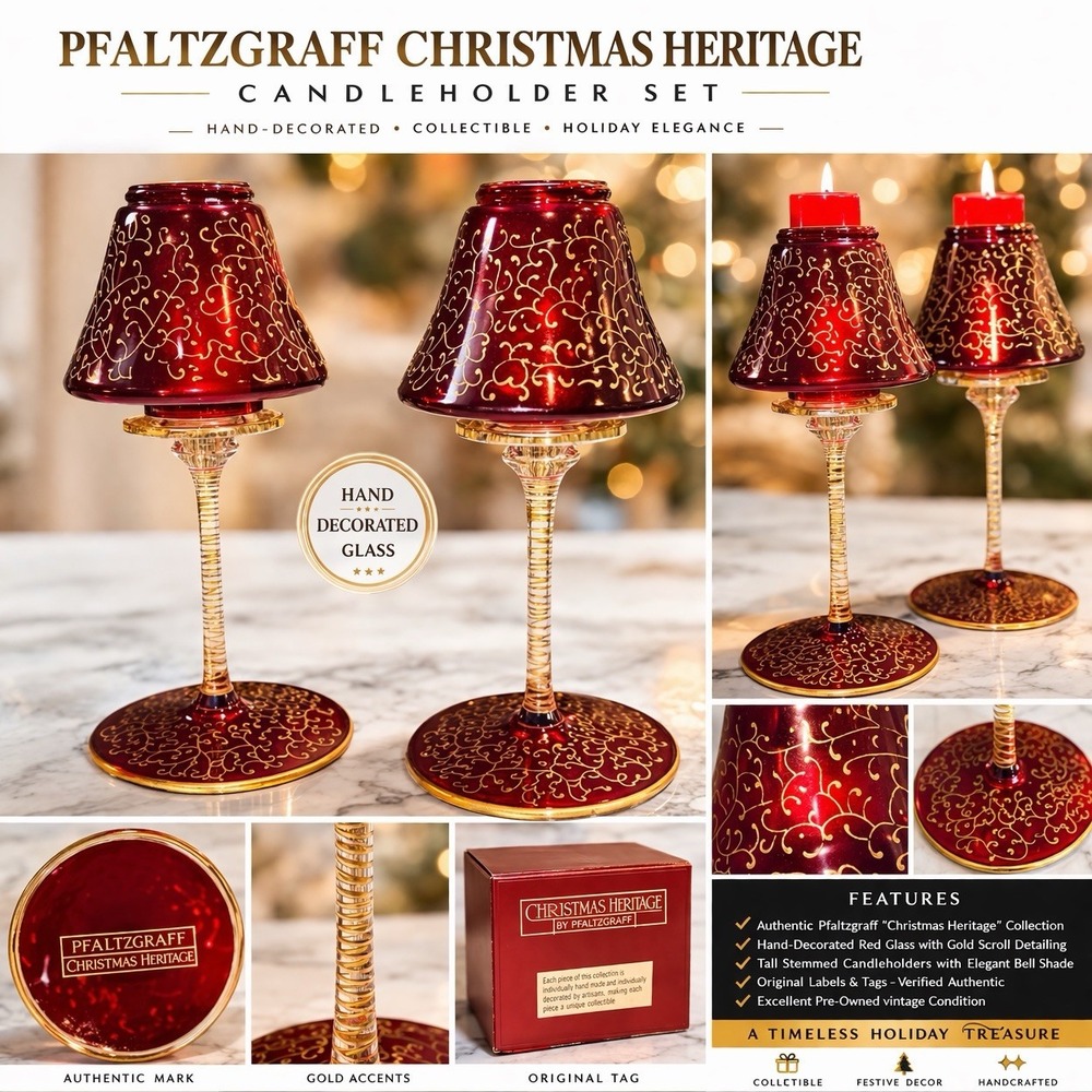 Pfaltzgraff Christmas Heritage Red Glass Candle Holder Set 2 Gold Scroll